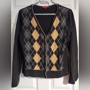 Women’s Black Argyle Button Cardigan Sweater - Gold & Gray